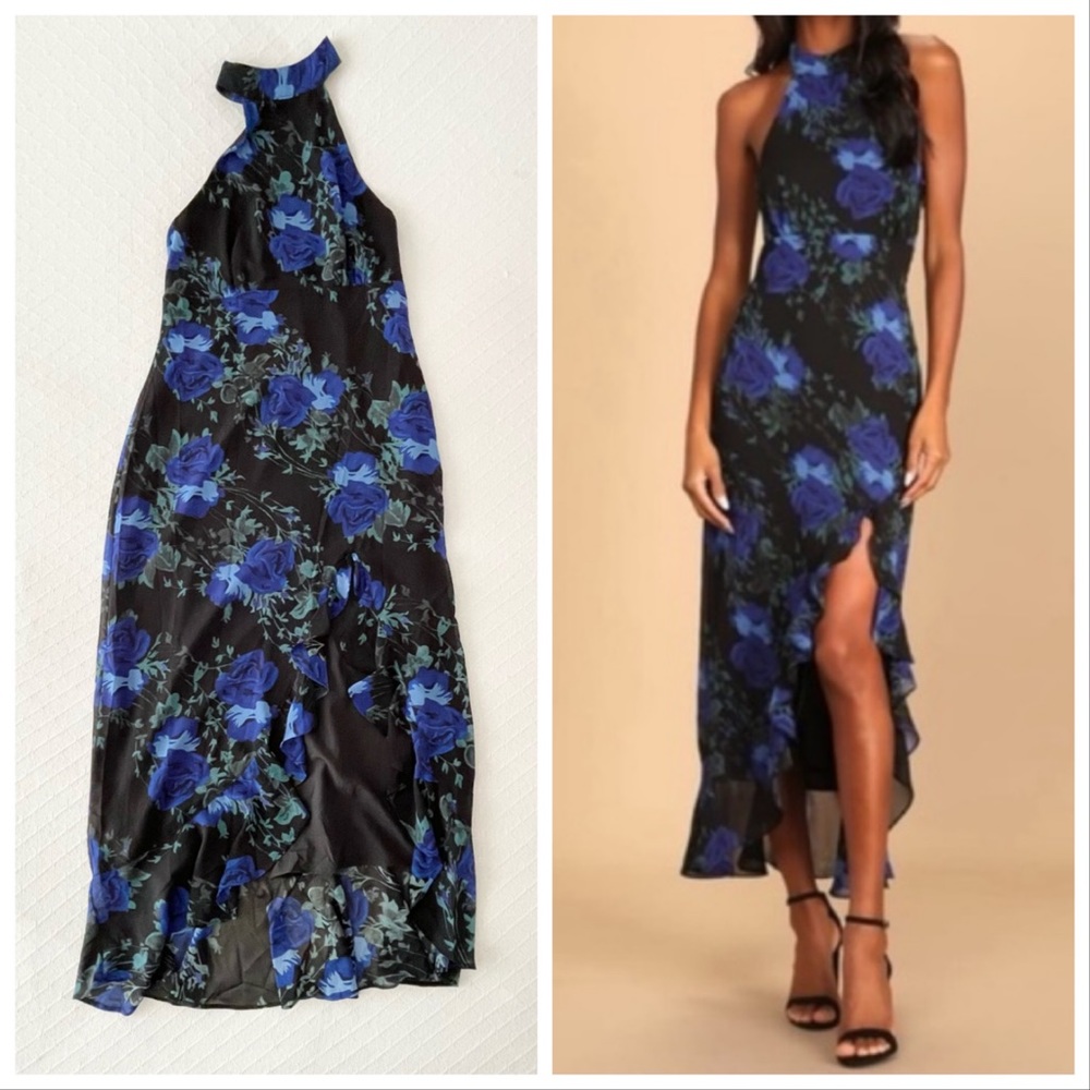 Lulu's Black and Blue Floral Maxi Dress